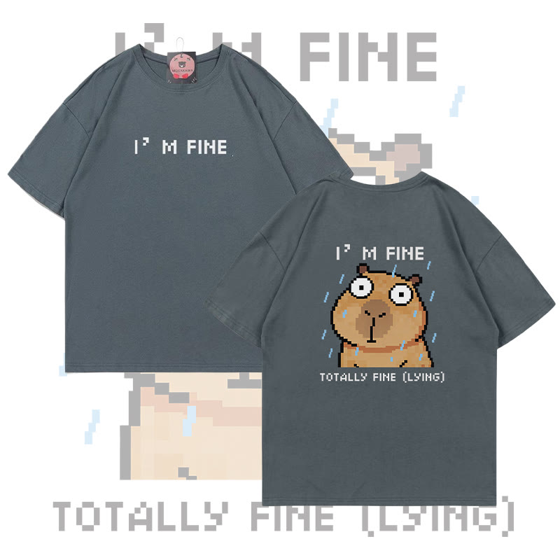 I'M FINE Capybara Graphic Modakawa 100% Cotton T-shirt - Grey - 5XL - image 3