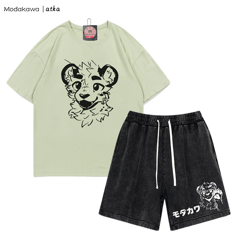 MODAKAWA X atka Tiger Print T-shirt Vintage Washed Shorts Two Pieces Set - Green&Black - 3XL - image 8