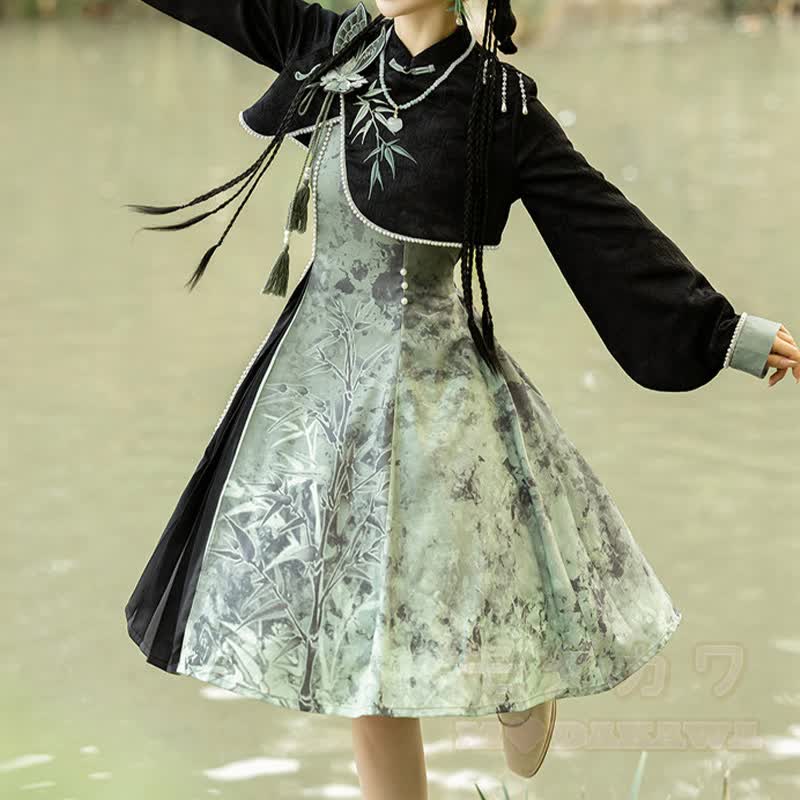 Vintage Open Knit Shawl 3D Butterfly Tassel Top Bamboo Graphic Slip Dress Matching Outfit - image 7