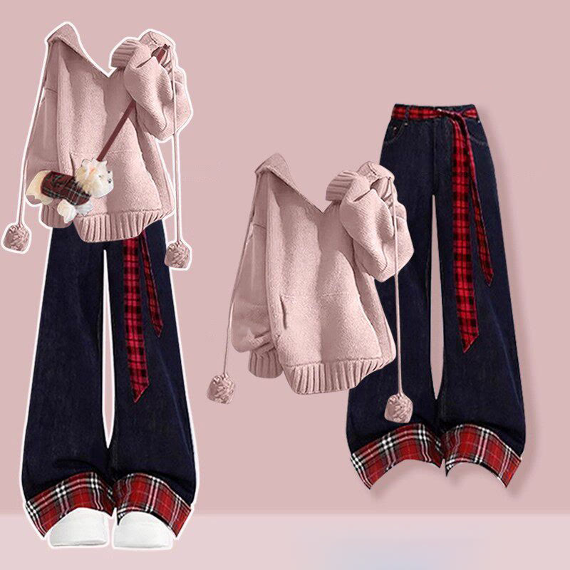 Preppy Knit Sweater and Jeans Two Pieces Set - Pink Top+Pants - 4XL - image 3