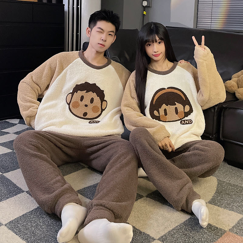 Cute Cartoon Coral Fleece Couple Pajamas - Boy and Girl - Men:3XL - image 12