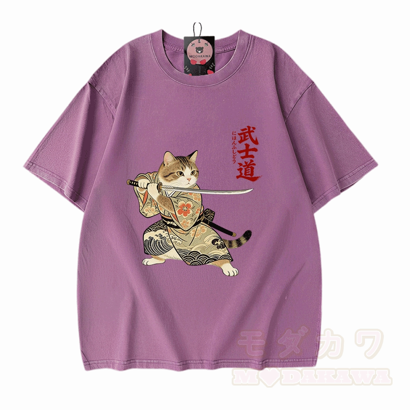 Samurai Cat Graphic Modakawa Vintage Washed 100% Cotton T-shirt - Purple - 5XL - image 6