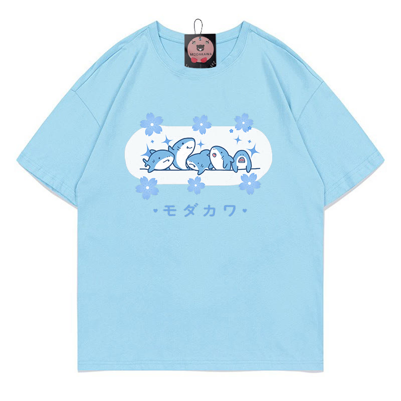 Shark Letter Print 100% Cotton Modakawa T-shirt - Blue - 5XL - image 3