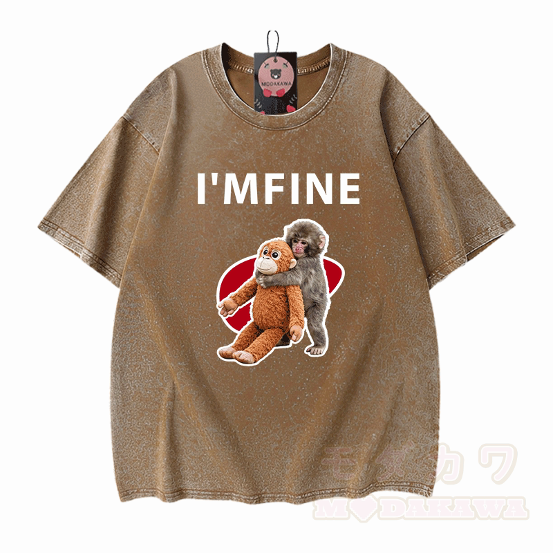 I'M FINE Monkey Graphic Modakawa Unisex Vintage Washed T-shirt - Brown - 5XL - image 5