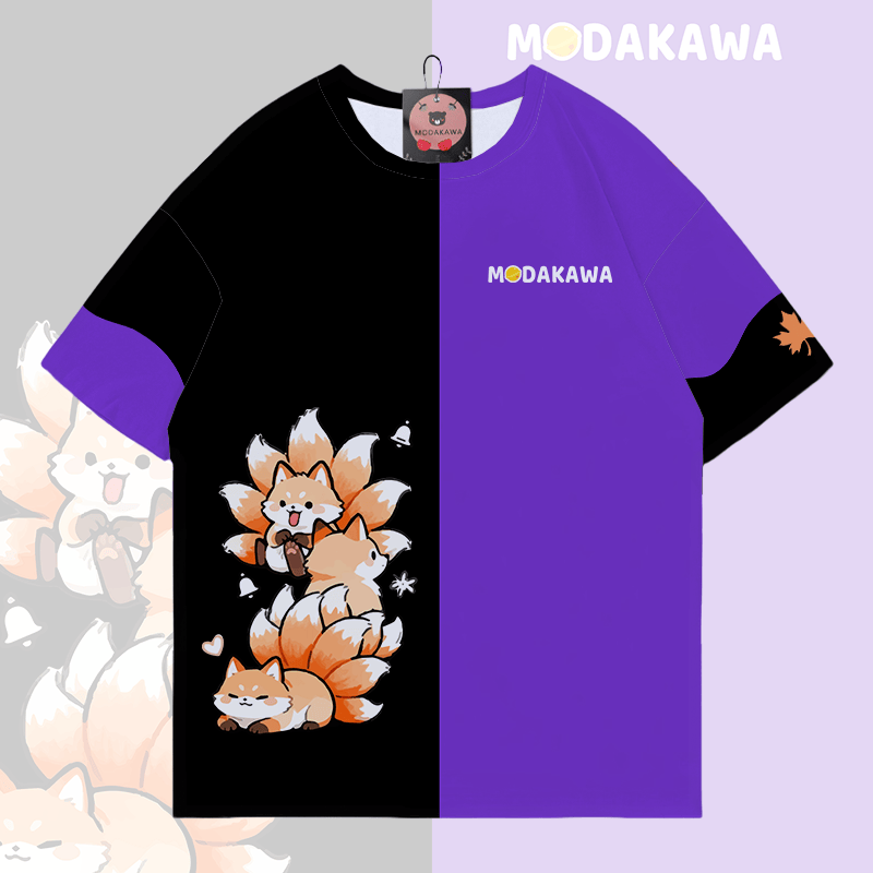 Nine-Tailed Fox Graphic Modakawa Color Block T-shirt - Black & Purple - 5XL - image 5