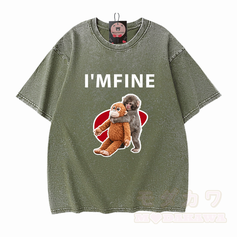 I'M FINE Monkey Graphic Modakawa Unisex Vintage Washed T-shirt - Green - 5XL - image 6
