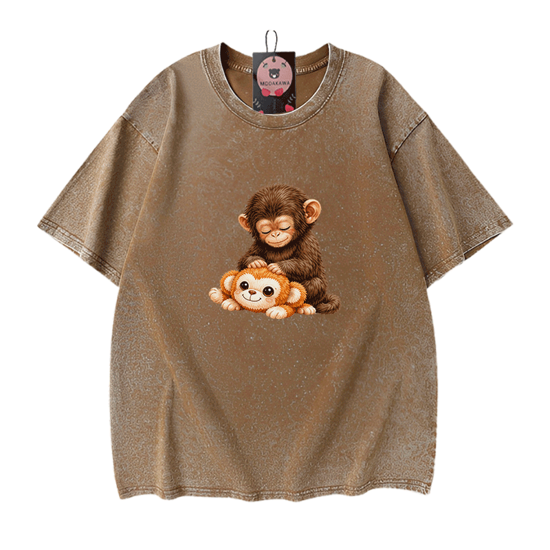 PUNCH Monkey Graphic Modakawa Vintage Washed 100% Cotton T-shirt - Brown - 5XL - image 8