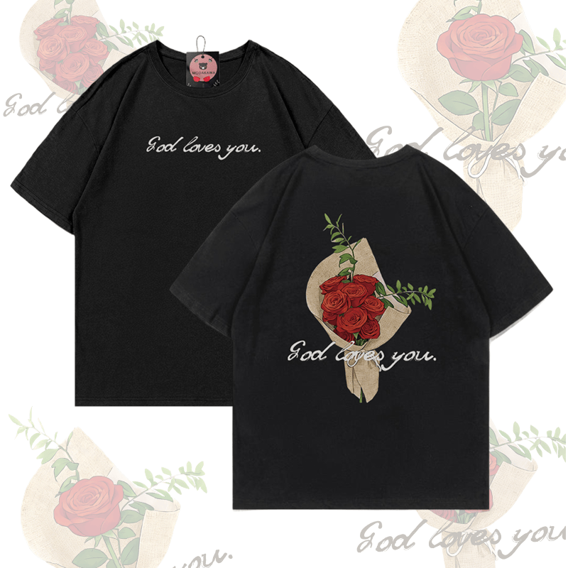 MODAKAWA GOD LOVES YOU Rose Bouquet Graphic T-shirt - Black - 5XL - image 8