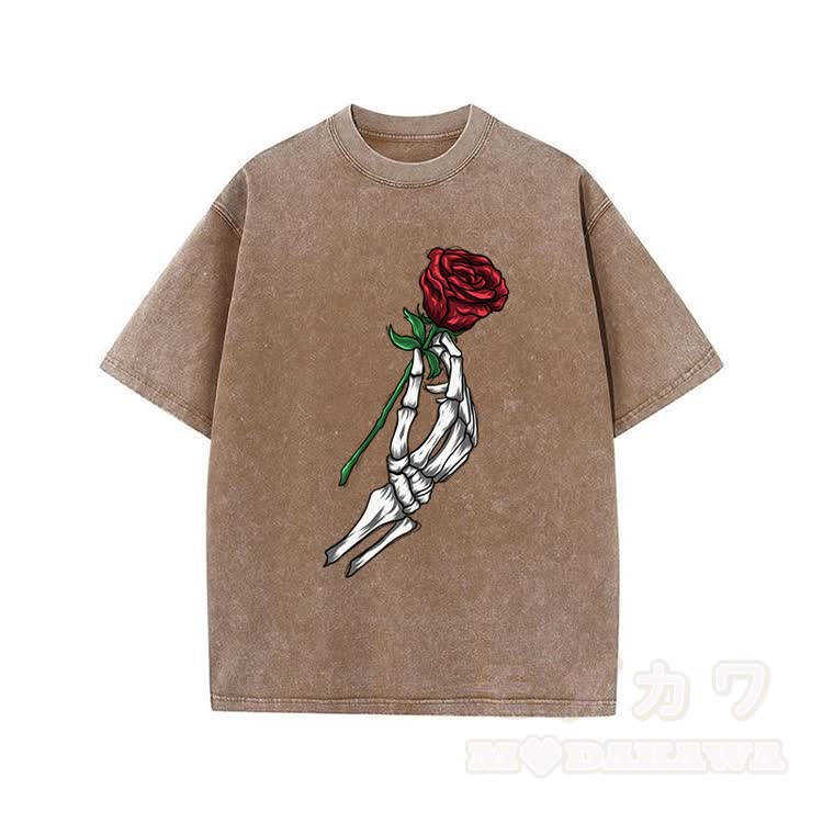 Skull Hand Rose Graphic Modakawa Vintage Washed 100% Cotton T-shirt - Brown - 5XL - image 5