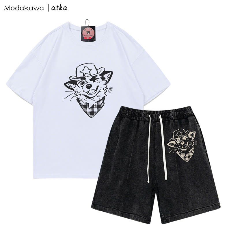 MODAKAWA X atka Cowboy Fox Winking Graphic T-shirt Vintage Washed Shorts Two Pieces Set - White&Black - 3XL - image 9