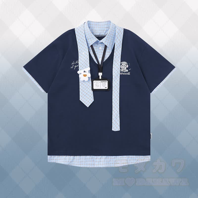 Kitty Embroidery Plaid Color Block Polo T-shirt 3D Bear Star Denim Pants Modakawa Matching Outfit - Purplish Blue T-shirt - XL - image 3