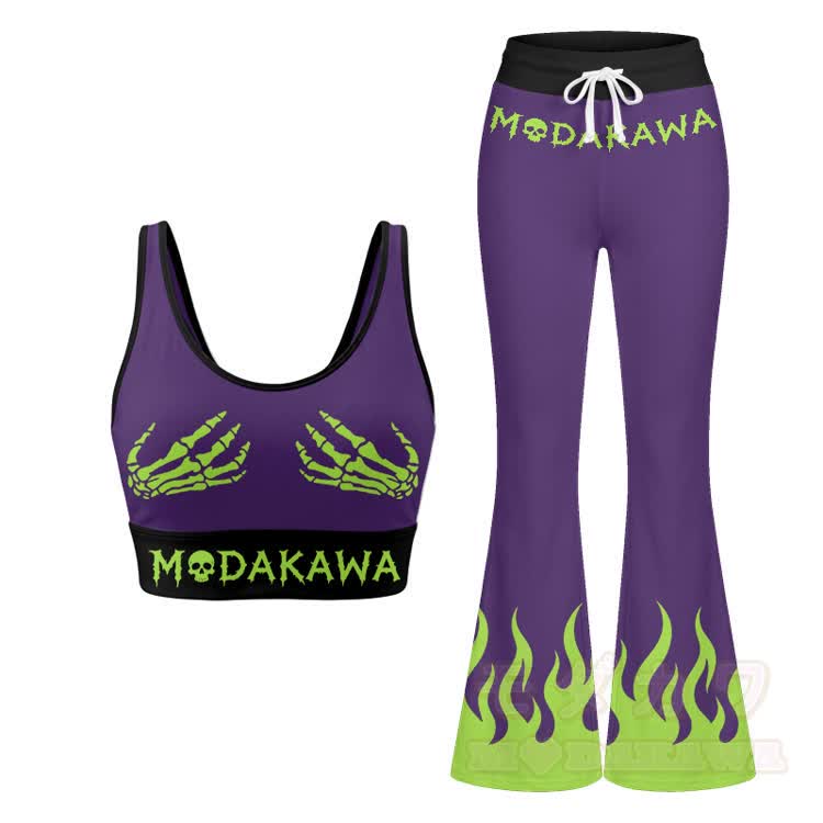 Skull Hand Graphic Crop Tank Sport Top Flare Pants Modakawa Matching Outfit - Purple Set - 2XL - image 11