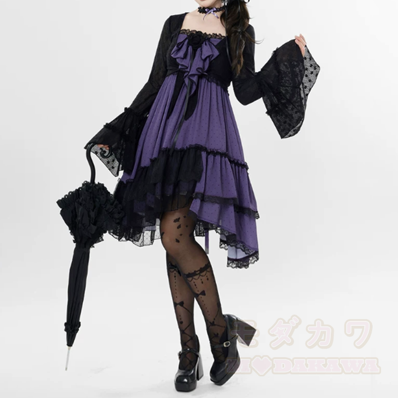 Gothic Lace Cardigan Bow Halter Irregular Ruffle Dress Two Pieces Set - image 7