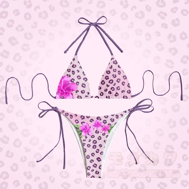 Leopard Print Floral Women's Striped Swimsuit Tie Bikini Modakawa Two Pieces Set - Purple - 4XL - image 3