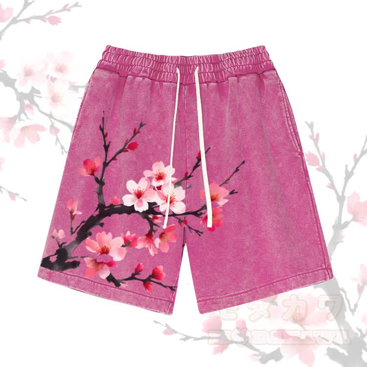 Cherry Blossom Graphic Modakawa Vintage Washed Shorts - Rose Red - 3XL - image 5
