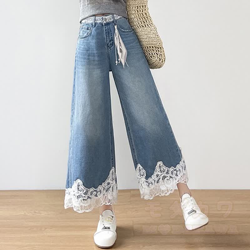 Vintage Lace Spliced Straight Leg Cropped Denim Wide Leg Pants - image 4