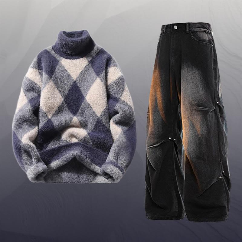 Plaid Fuzzy Knit Sweater Denim Pants Two Pieces - Set C - 3XL - image 3