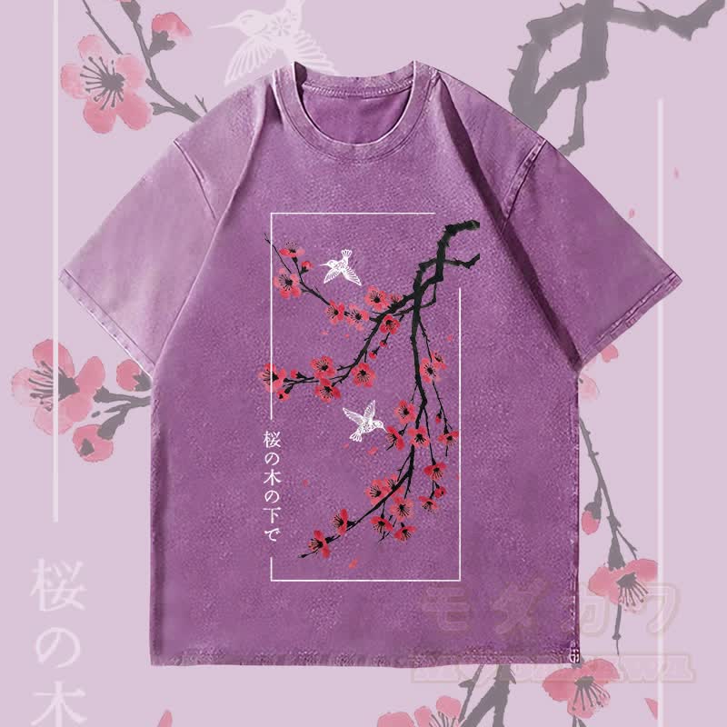 MODAKAWA Cherry Blossom and Bird Graphic Unisex Vintage Washed T-Shirt - Purple - 4XL - image 4