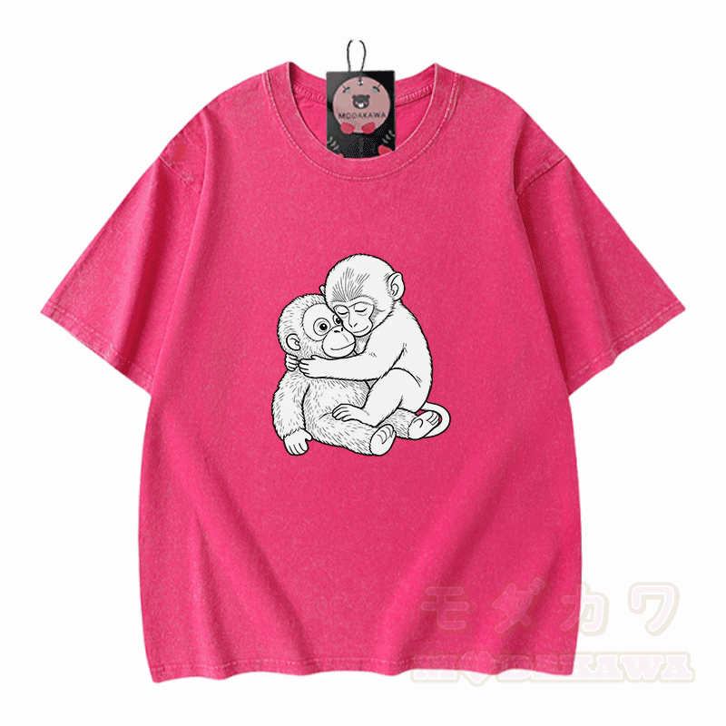 Monkey Hug Graphic Modakawa Vintage Washed 100% Cotton T-shirt - Rose Red - 5XL - image 5