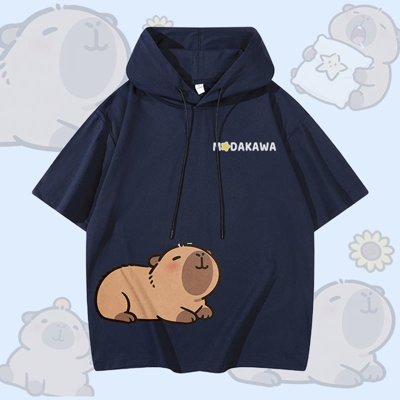 Cute Capybara Graphic Modakawa Short Sleeve Hoodie - Purplish Blue - 3XL - image 3