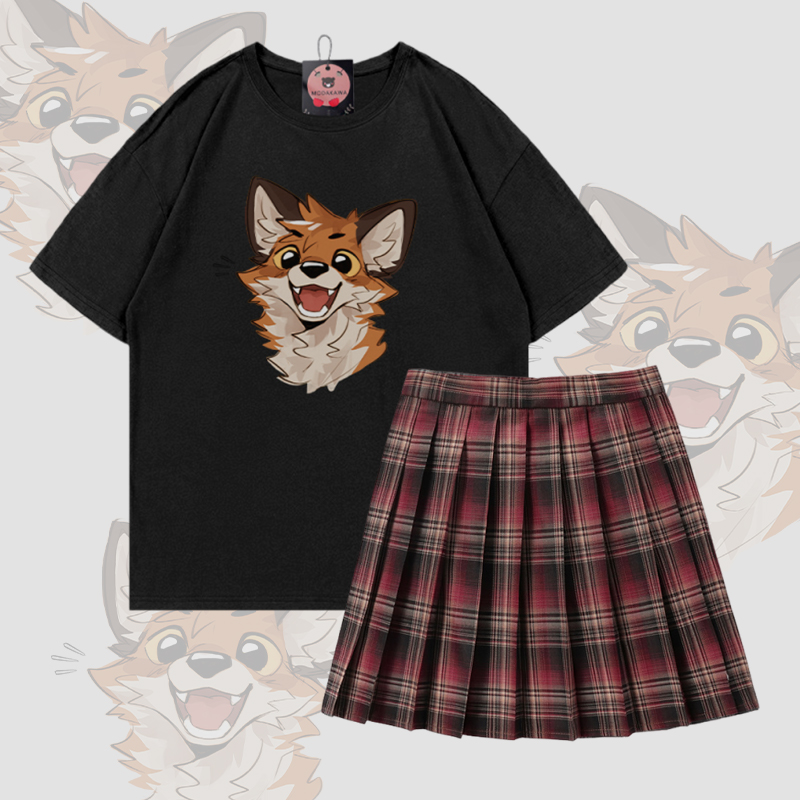 MODAKAWA X atka Happy Fox Graphic 100% Cotton T-shirt Plaid Skirt Two Pieces Set - Set B - 5XL - image 2