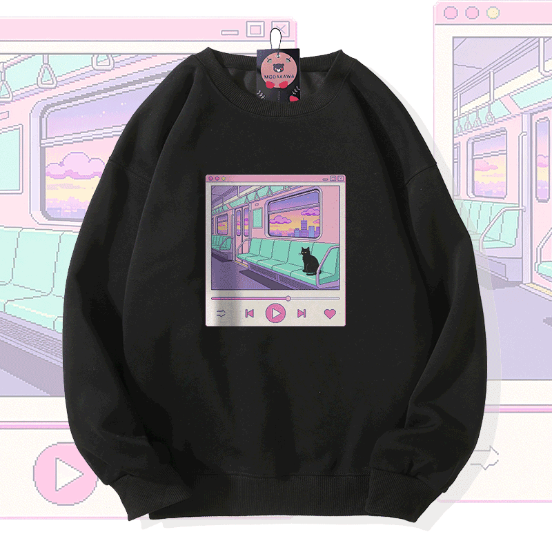 Cat Game Graphic Modakawa Sweatshirt - Black - 5XL - image 3