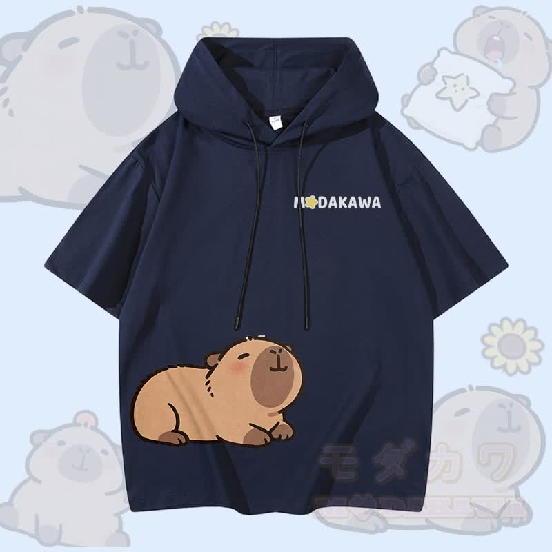 Cute Capybara Graphic Modakawa Short Sleeve Hoodie - Purplish Blue - 3XL - image 3