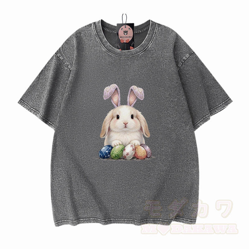 Easter Egg Bunny Graphic Modakawa Unisex Vintage Washed T-shirt - Grey - 5XL - image 7