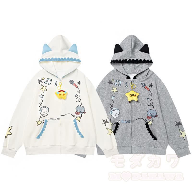 Niedlicher Kapuzenpullover mit Katzenohren, Reißverschluss, Musiknoten-Katzenprint und Spitzenbesatz - image 5