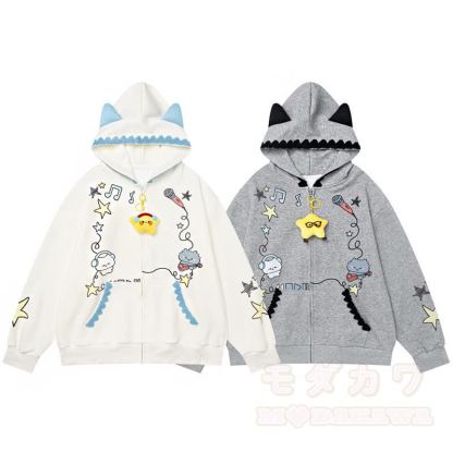 Niedlicher Kapuzenpullover mit Katzenohren, Reißverschluss, Musiknoten-Katzenprint und Spitzenbesatz - image 5