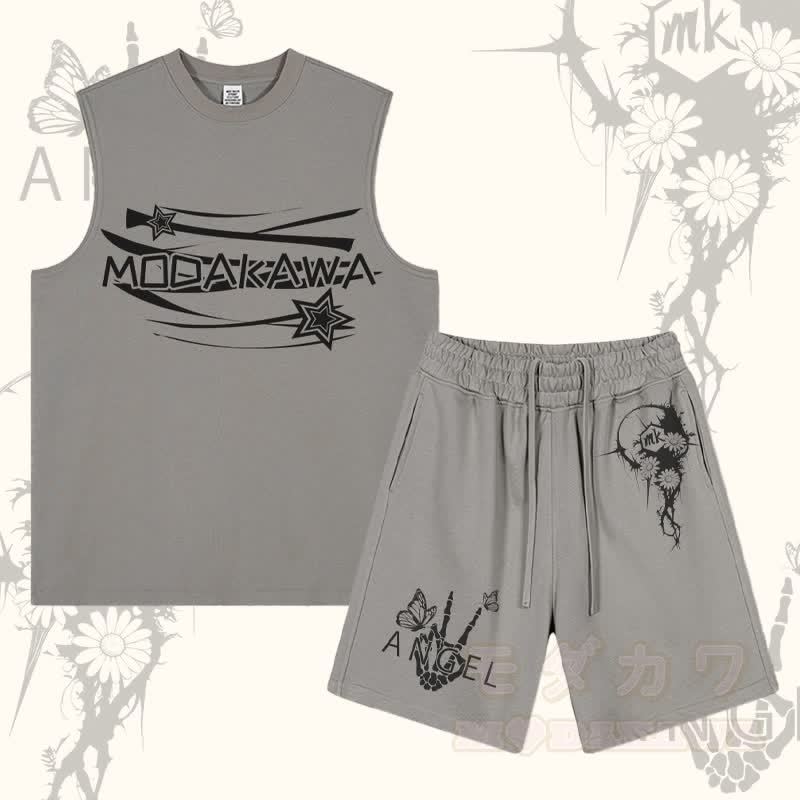 MODAKAWA Ärmelloses T-Shirt mit Sternenbuchstaben-Grafik, Shorts mit Blumen-Skeletthand-Grafik und Kordelzug – Zweiteiliges Set - Grau - 2XL - image 3