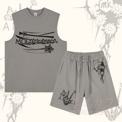 MODAKAWA Ärmelloses T-Shirt mit Sternenbuchstaben-Grafik, Shorts mit Blumen-Skeletthand-Grafik und Kordelzug – Zweiteiliges Set - Grau - 2XL - image 3