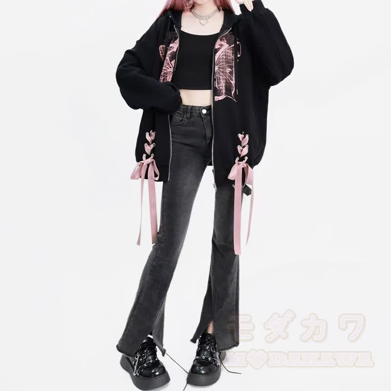 Gothic-Kapuzenjacke mit rosa Schmetterlingsmuster, Schleife und Reißverschluss - image 5