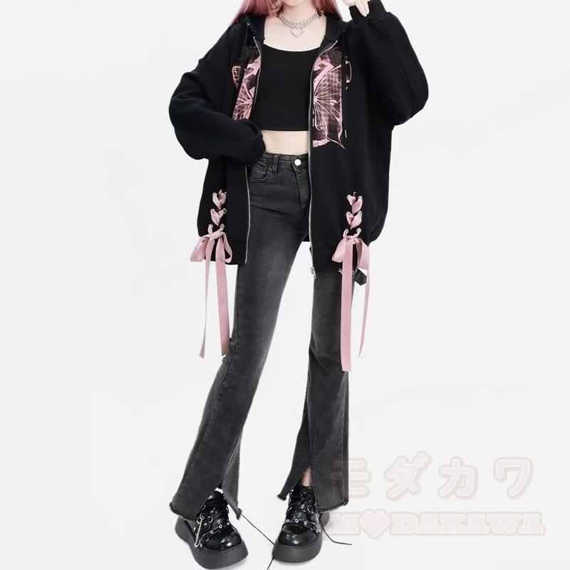 Gothic-Kapuzenjacke mit rosa Schmetterlingsmuster, Schleife und Reißverschluss - image 5