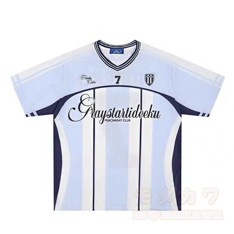 Vintage-T-Shirt aus gestreiftem Mesh-Jersey mit V-Ausschnitt, locker geschnitten und sportlich, kurzärmelig - Blau - 2XL - image 4