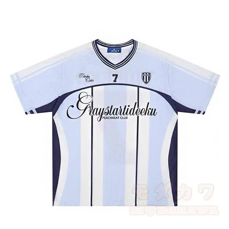 Vintage-T-Shirt aus gestreiftem Mesh-Jersey mit V-Ausschnitt, locker geschnitten und sportlich, kurzärmelig - Blau - 2XL - image 4
