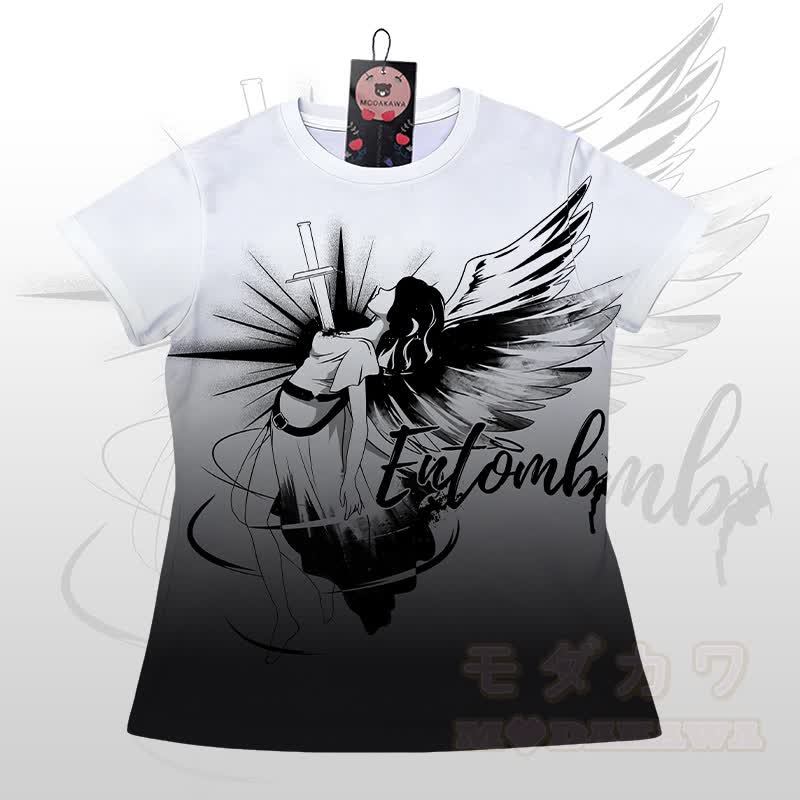 ENTOMB Grafik-Gradienten-T-Shirt Shorts Modakawa passendes Outfit - Schwarz-weißes T-Shirt - 5XL - image 6