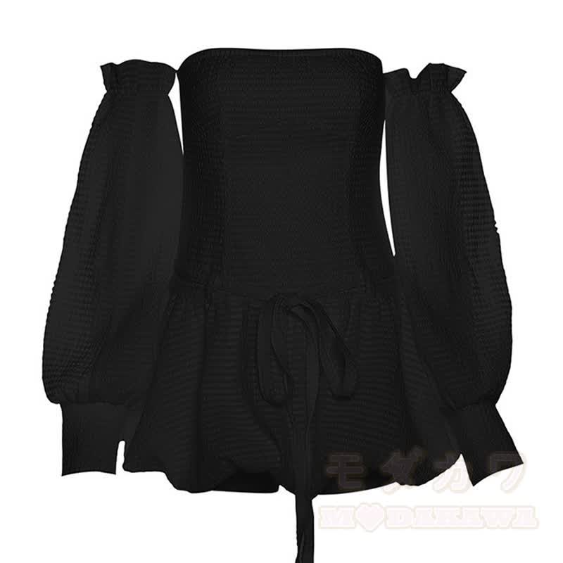 Süßes trägerloses, gerafftes Minikleid mit hohem Bund und ausgestelltem Rock - Schwarz - L - image 9