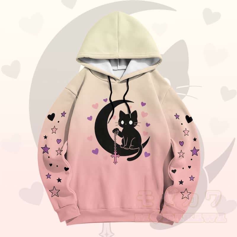 Modakawa Pullover-Hoodie mit Farbverlauf, schwarzer Katze und Mond-Grafik - Rosa - 6XL - image 6