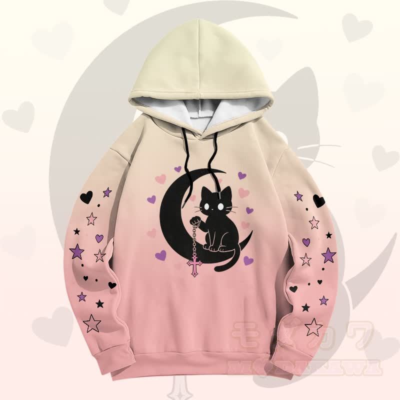 Modakawa Pullover-Hoodie mit Farbverlauf, schwarzer Katze und Mond-Grafik - Rosa - 6XL - image 6