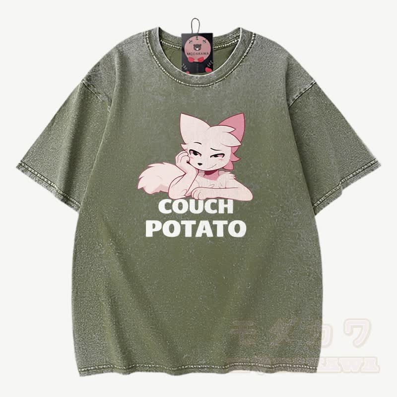 COUCH POTATO Anime Fuchs Grafik Modakawa Vintage gewaschenes T-Shirt aus 100% Baumwolle - Grün - 3XL - image 4