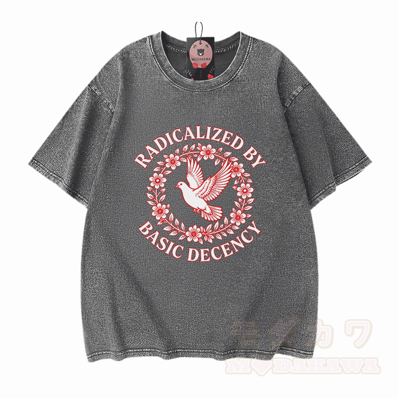 RADIKALISIERT DURCH GRUNDLEGENDE ANSTÄNDIGKEIT Taubengrafik Modakawa Vintage Washed 100% Baumwoll-T-Shirt - Grau - 5XL - image 10