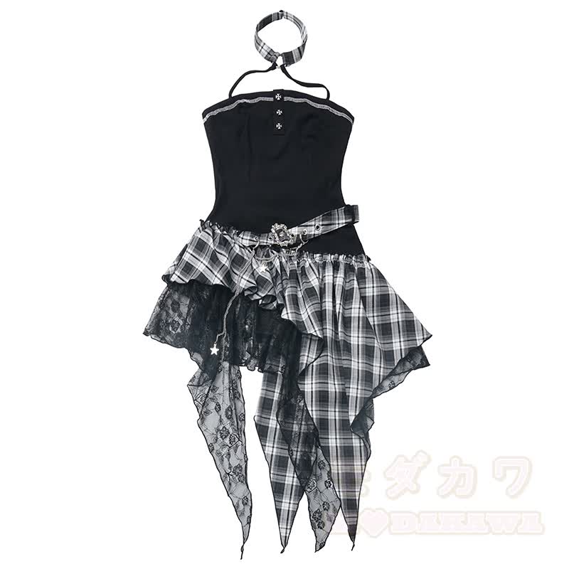 Gothic-Kleid mit transparentem Netzoberteil und Karomuster, zweiteilig - image 7