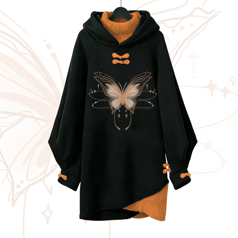 Vintage Kapuzenpullover-Kleid mit leuchtendem Schmetterlingsmotiv und Modakawa-Schnalle - Orange - 3XL - image 3
