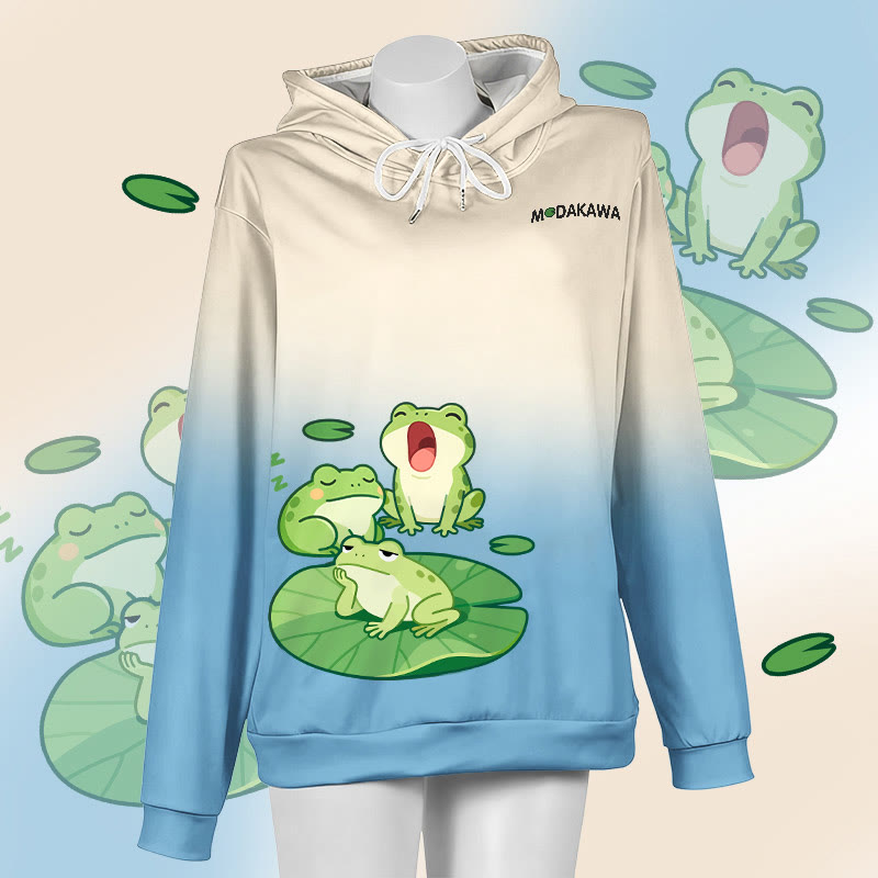 MODAKAWA Farbverlauf-Pullover-Hoodie mit Sleepy Frog-Grafik - White&Blue - 6XL - image 3