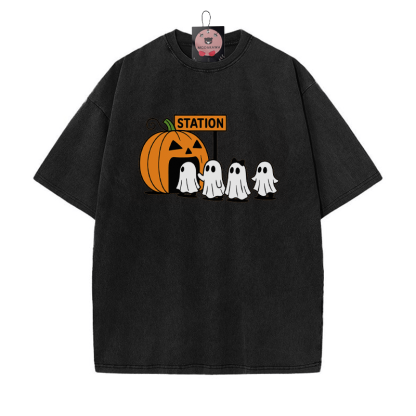 T-Shirt mit Kürbisgeist-Print im Vintage-Waschungs-Look - Schwarz - 5XL - image 5