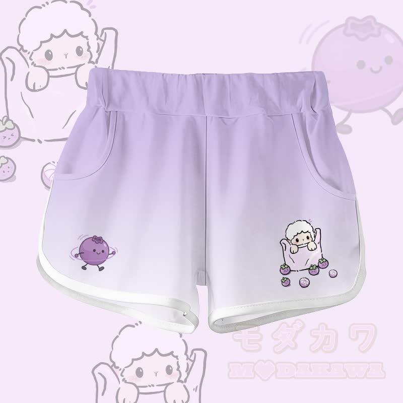 Zweiteiliges Set aus 100% Baumwolle mit Schaf- und Blaubeermotiv, dazu passende Shorts und ein Farbverlauf-Set von Modakawa - Hellviolette Shorts - 5XL - image 4