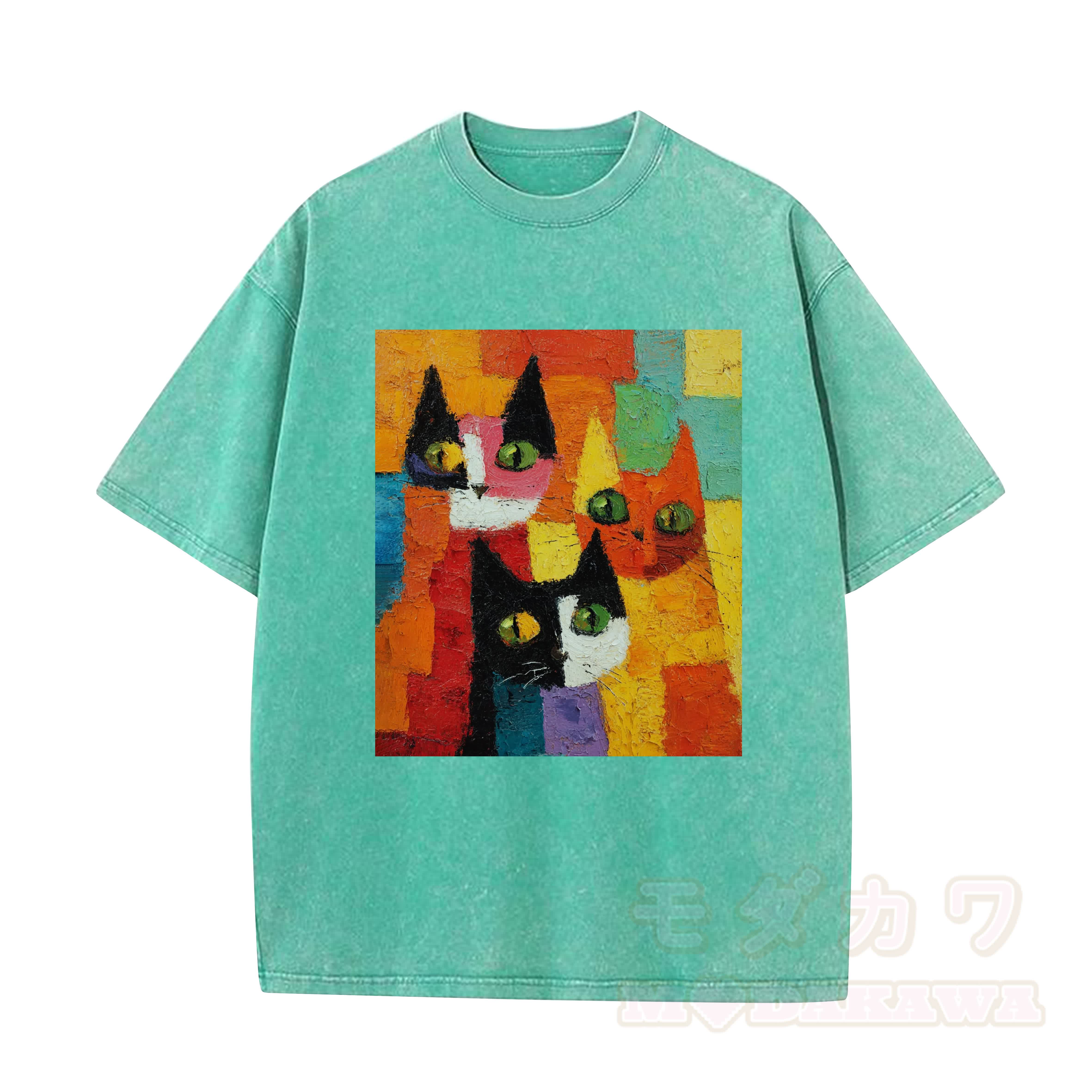 MODAKAWA T-Shirt im Vintage-Look mit niedlichem Katzenmotiv - Grün - 5XL - image 8