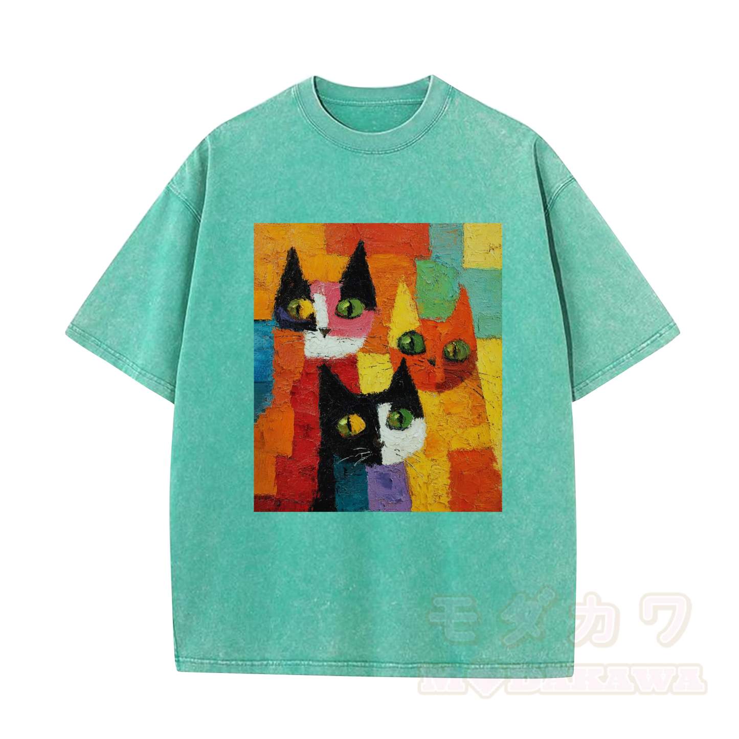 MODAKAWA T-Shirt im Vintage-Look mit niedlichem Katzenmotiv - Grün - 5XL - image 8