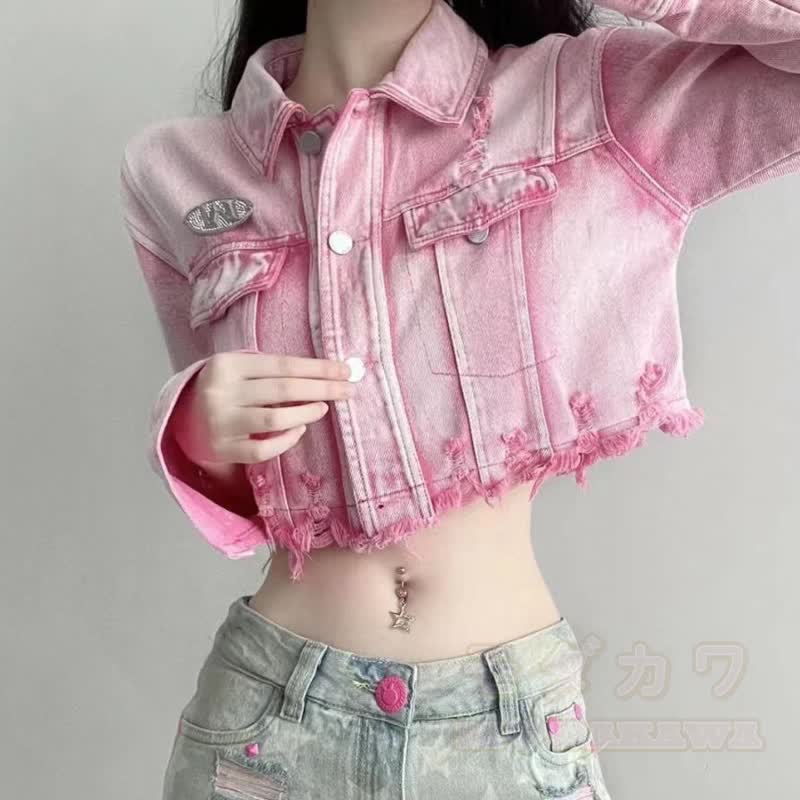 Vintage-Jeansjacke in Pink mit Used-Look und kurzem Schnitt - image 5